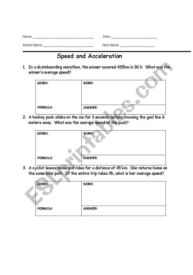 Speed Worksheet worksheet
