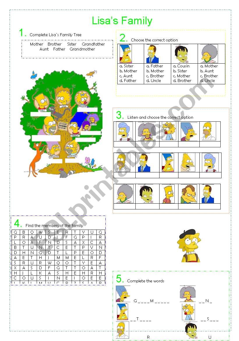 lisa s family the simpson s esl worksheet by danisavaleria family tree 4 members