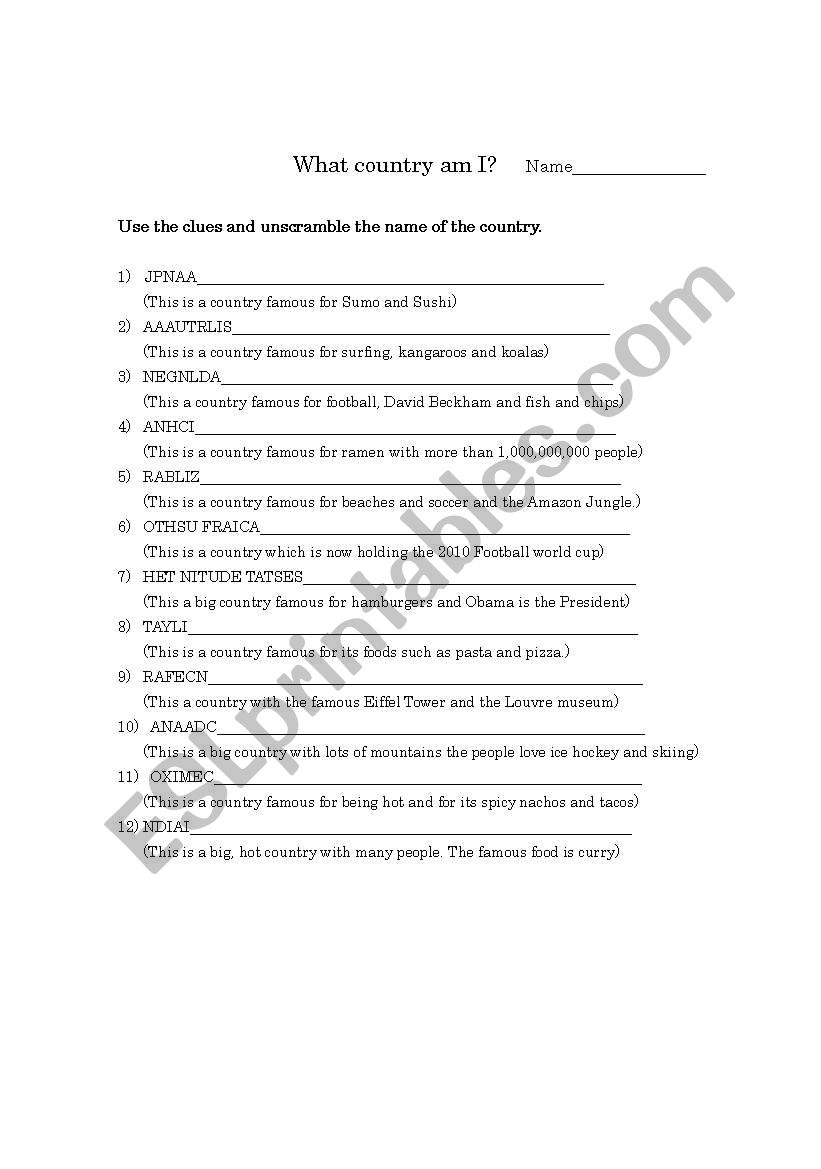 What coutry am I? worksheet