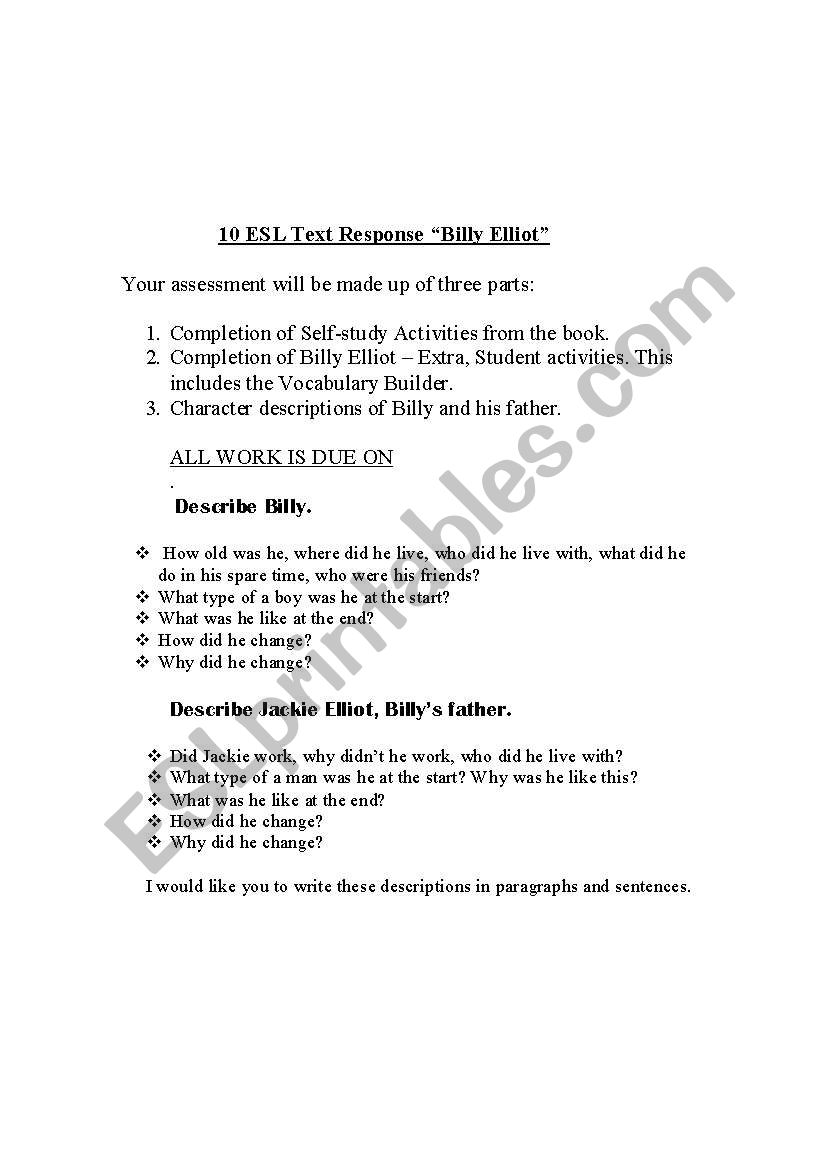 Billy Elliot worksheet worksheet