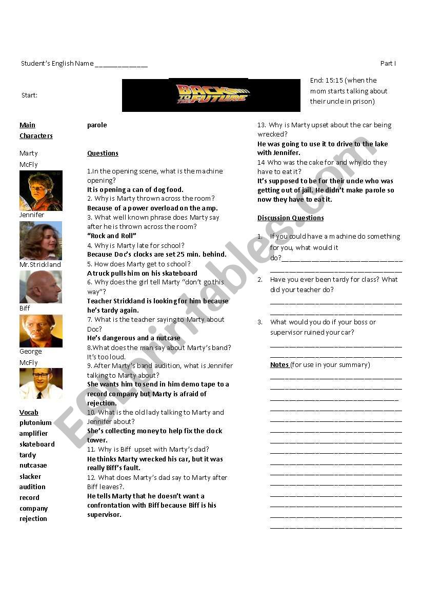 Back to the Future Part I: Worksheet 1 of 7