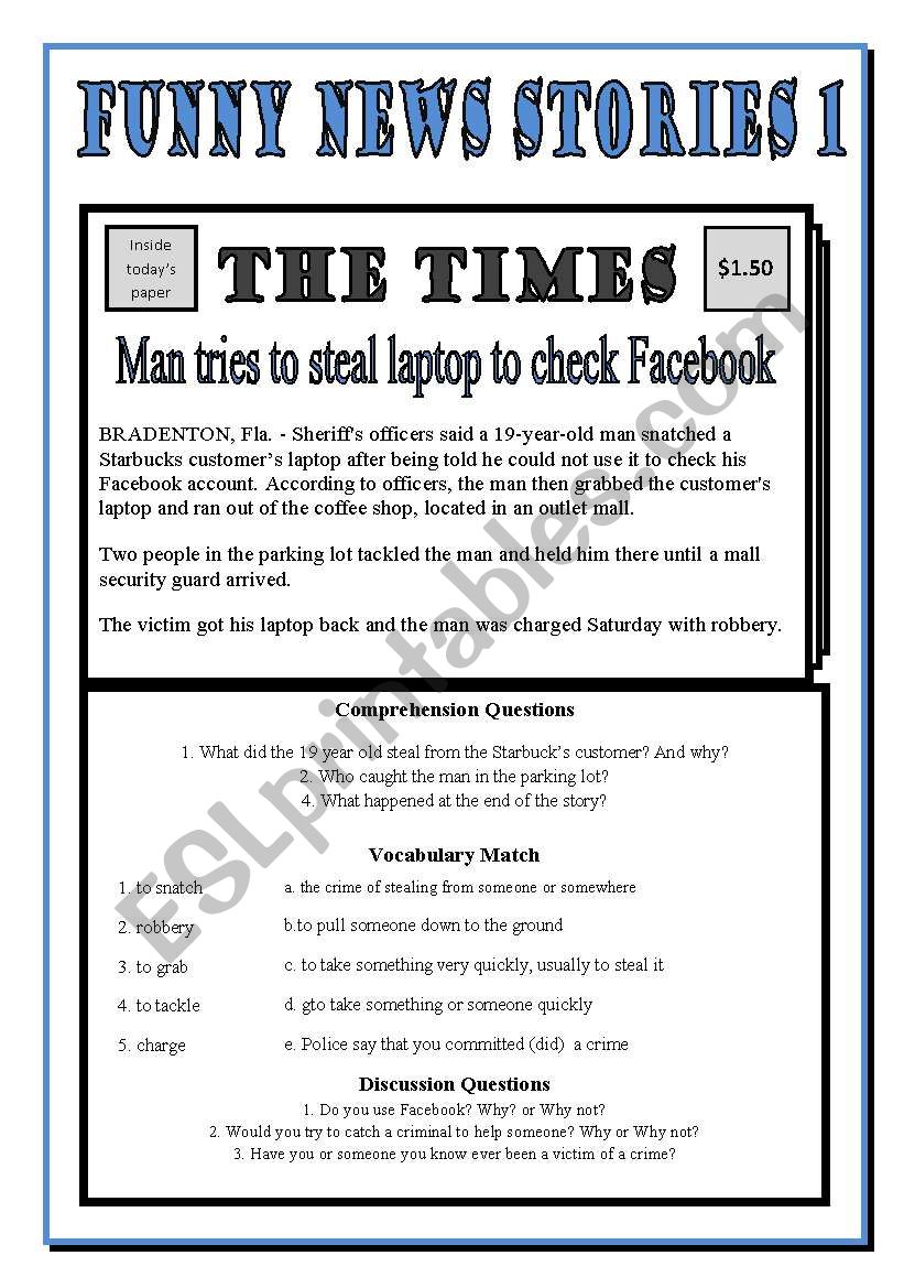 Funny News Stories 1 - Man Tries to Steal Laptop to check Facebook! - ESL  worksheet by freddie
