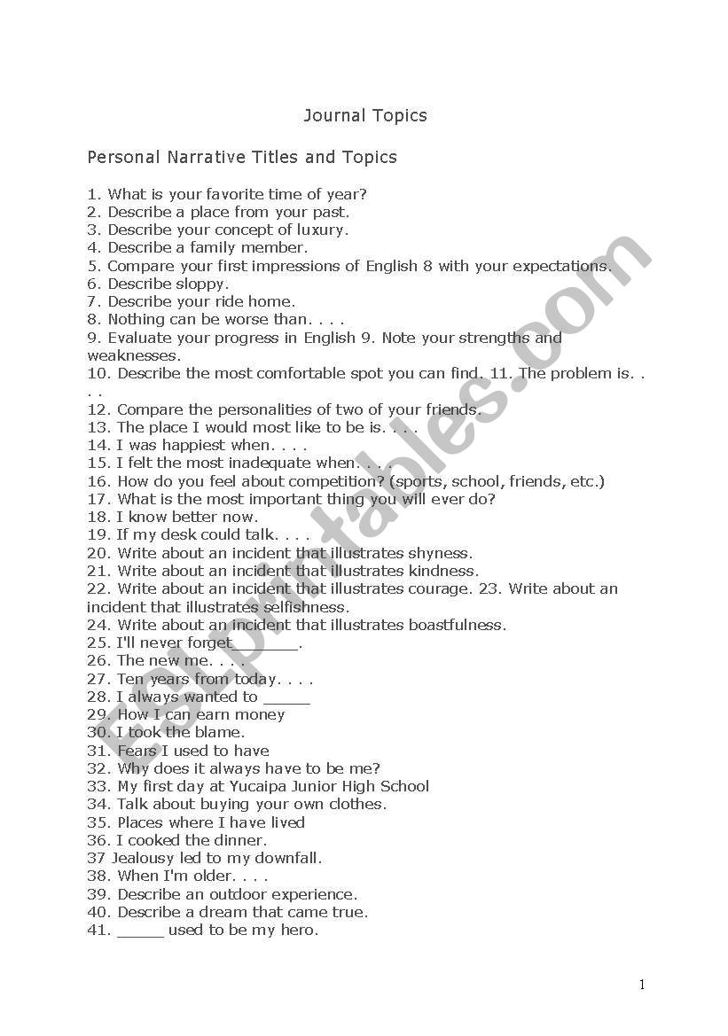 Journal Topics worksheet