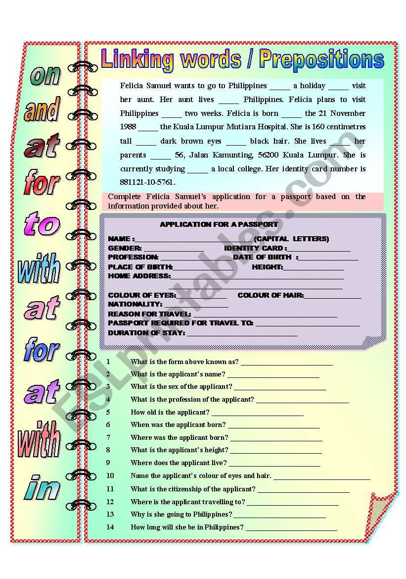 Linking words / Prepositions with answer key **fully editable