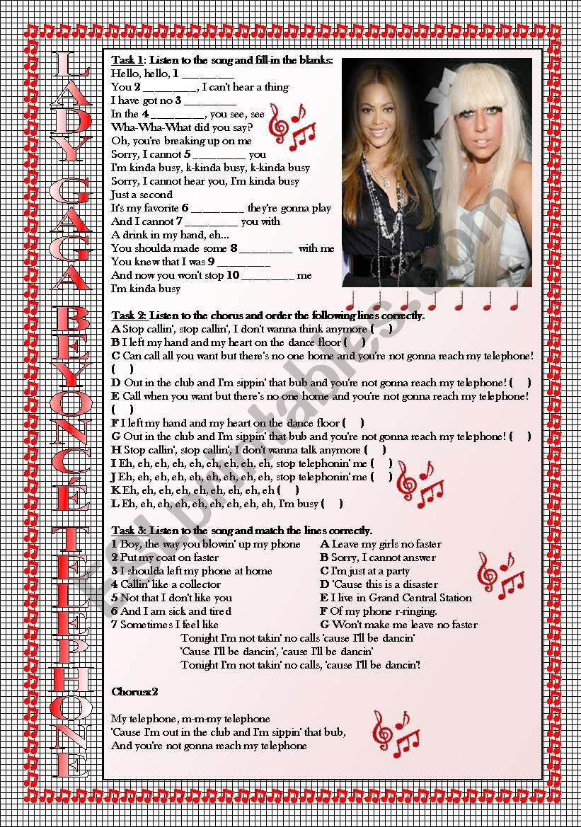 LADY GAGA and BEYONC Telephone LISTENING song-based activity (FULLY EDITABLE AND KEY INCLUDED!!!)