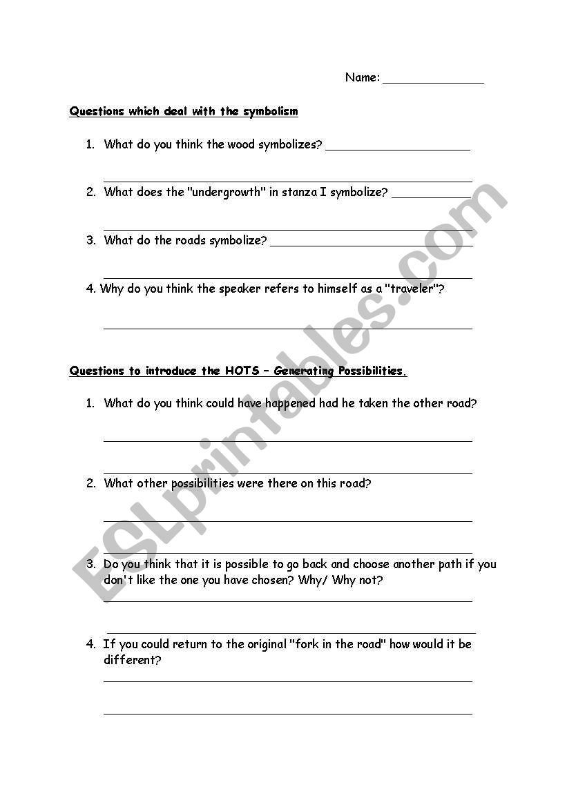 The Road Not Taken - HOTS - ESL worksheet by sduval