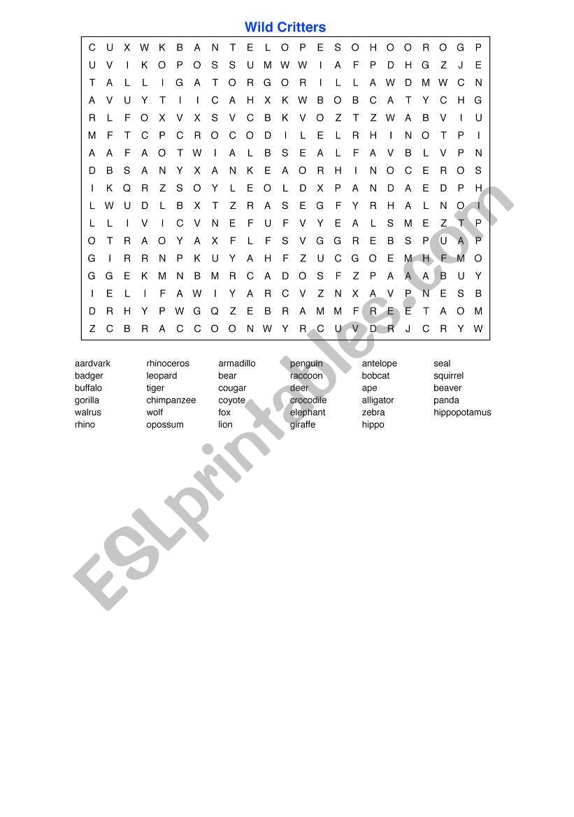 Wild Creatures Crossword worksheet