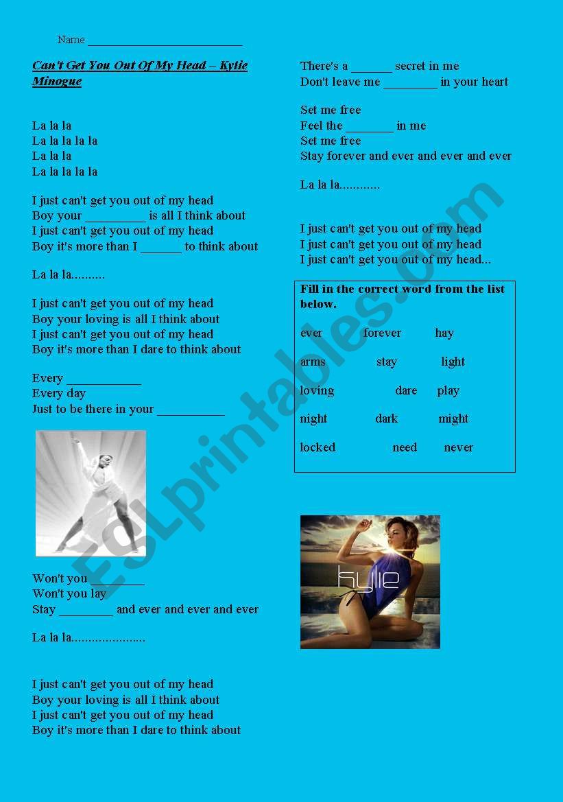 Cant Get You Out of my Head - Kylie Minogue listening work sheet