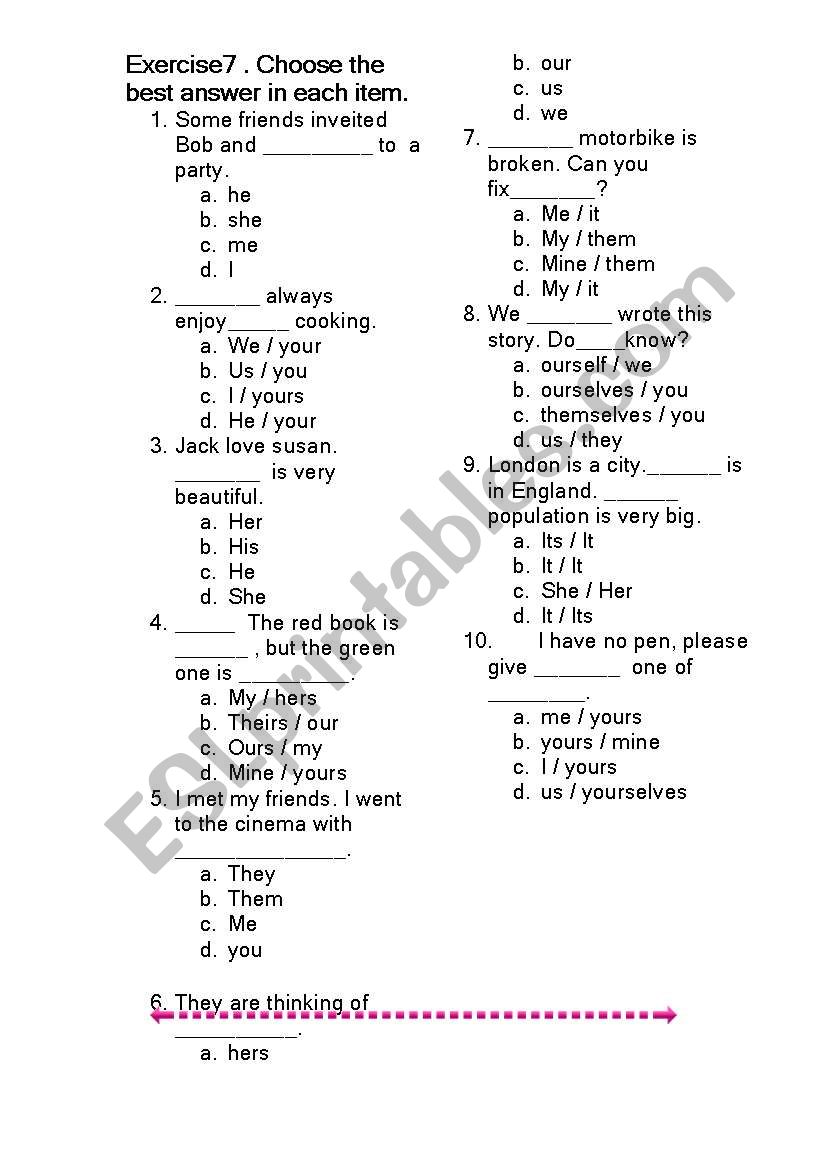 Pronouns test worksheet