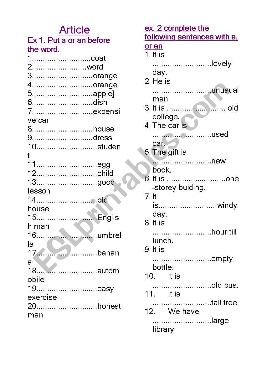 Articles worksheet