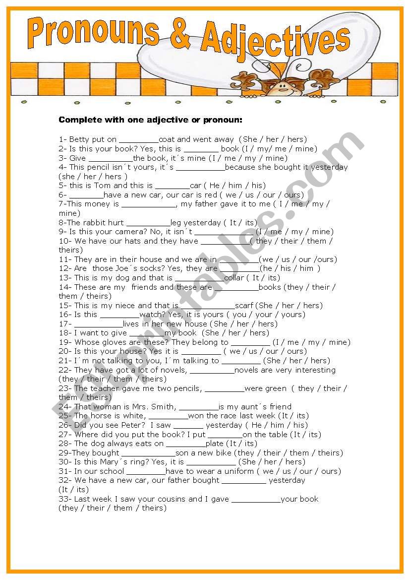 Pronouns and adjectives worksheet
