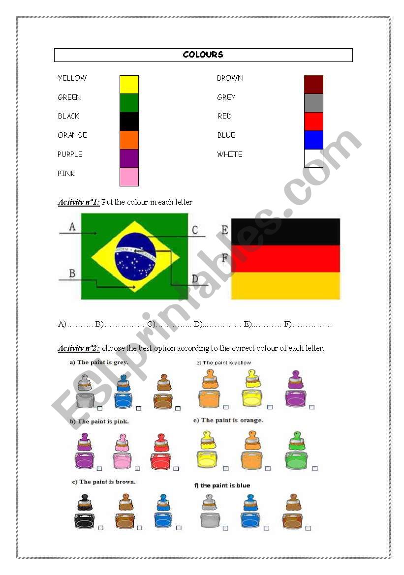 colours activites worksheet
