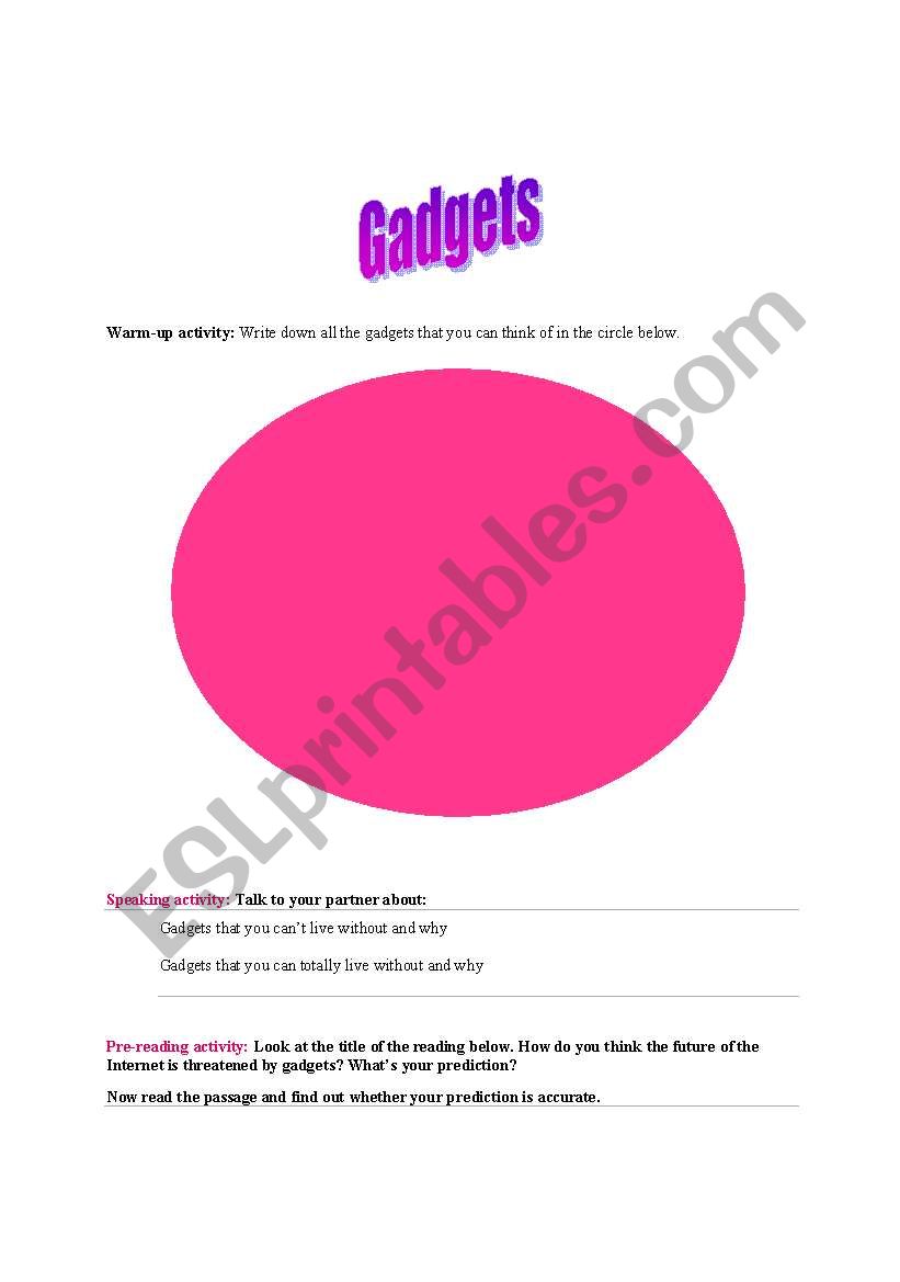 Gadgets - Reading activity worksheet