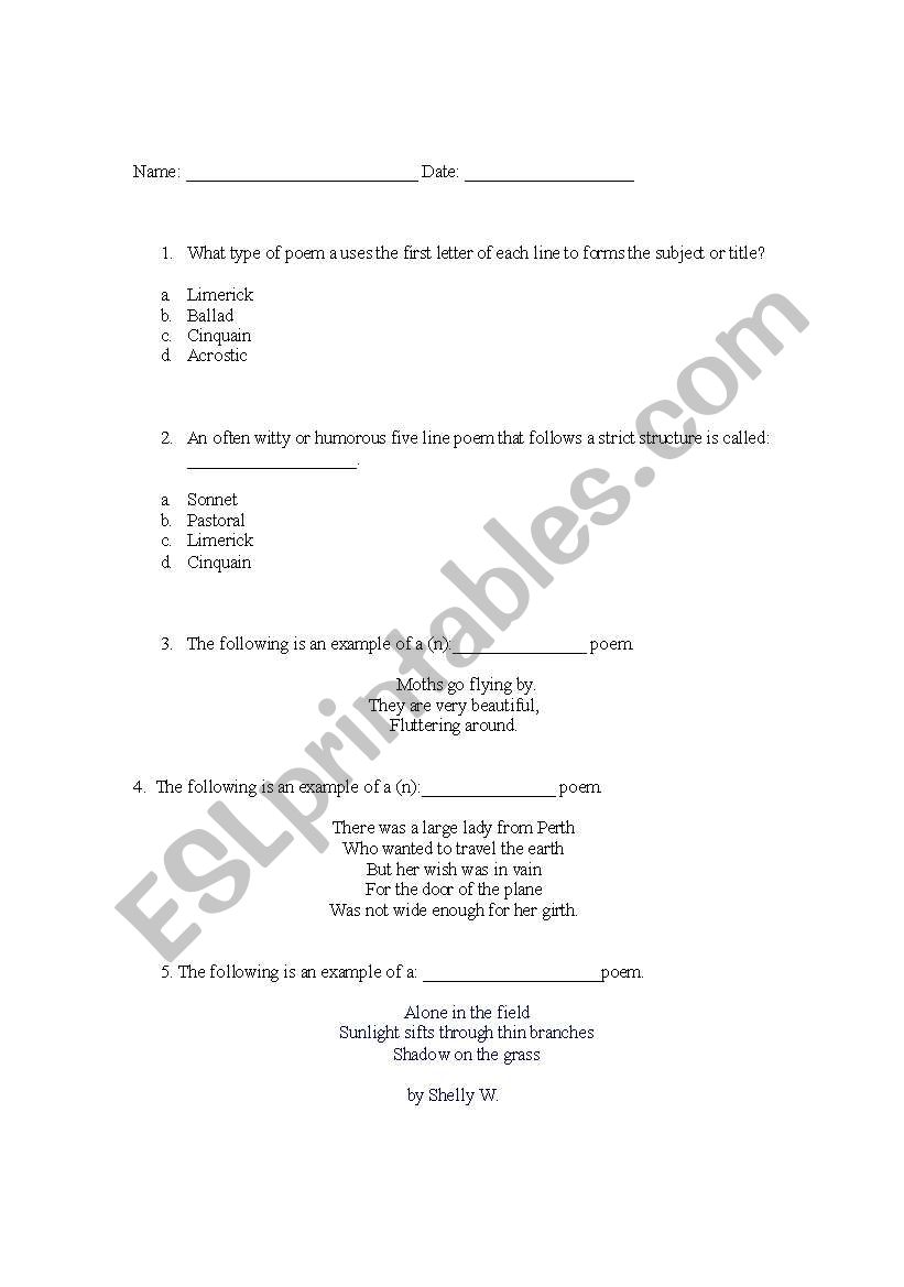 Types of Poetry Quiz worksheet