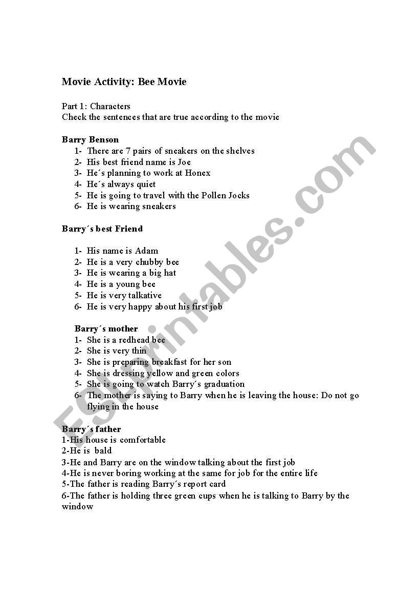 BEE MOVIE ACTIVITY worksheet