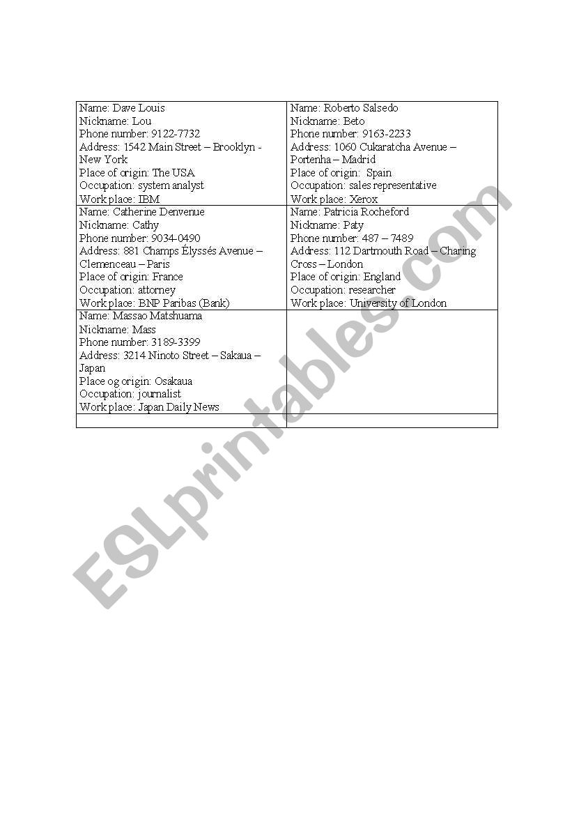 Personal cards worksheet