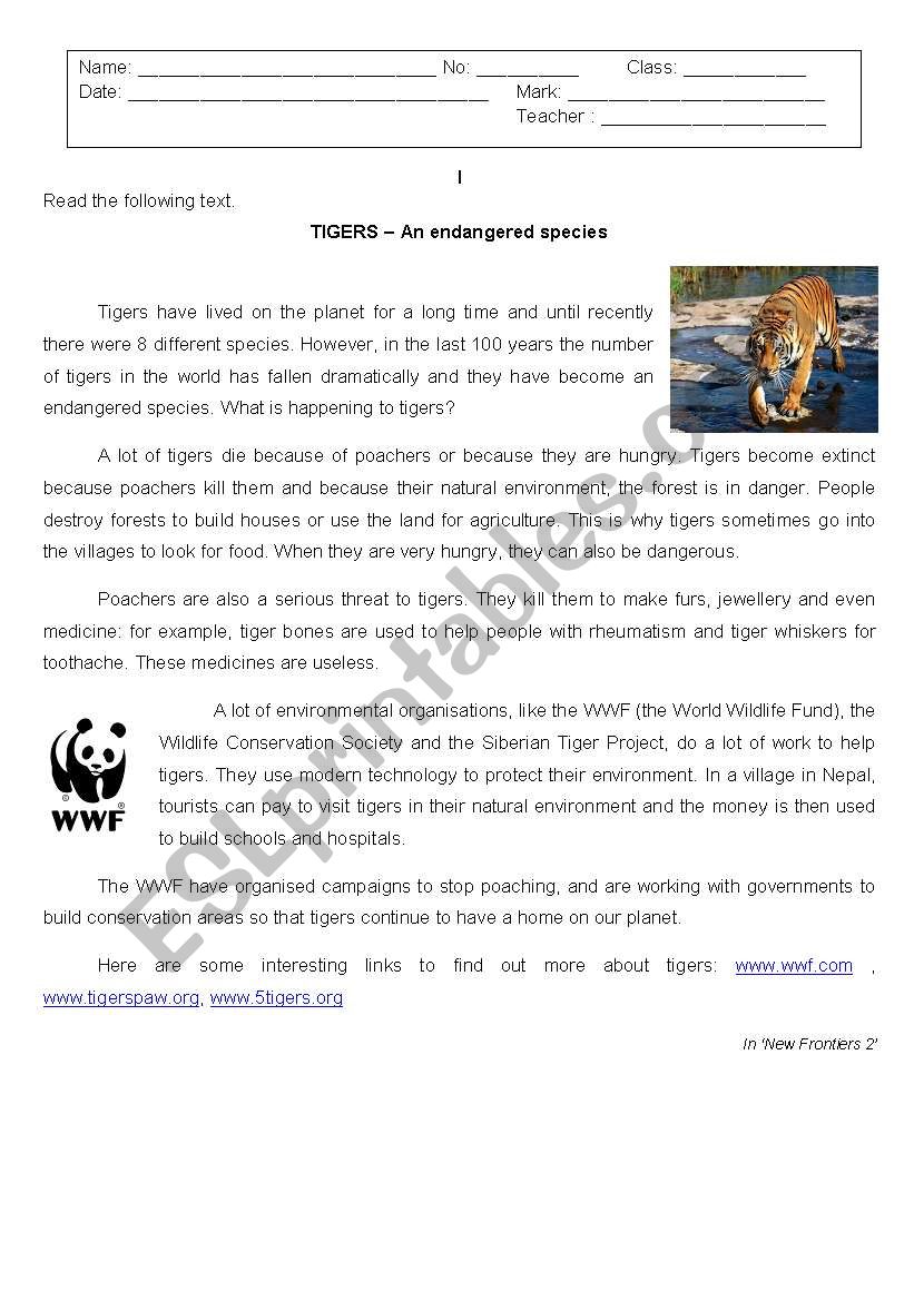 Tigers - endangered species worksheet