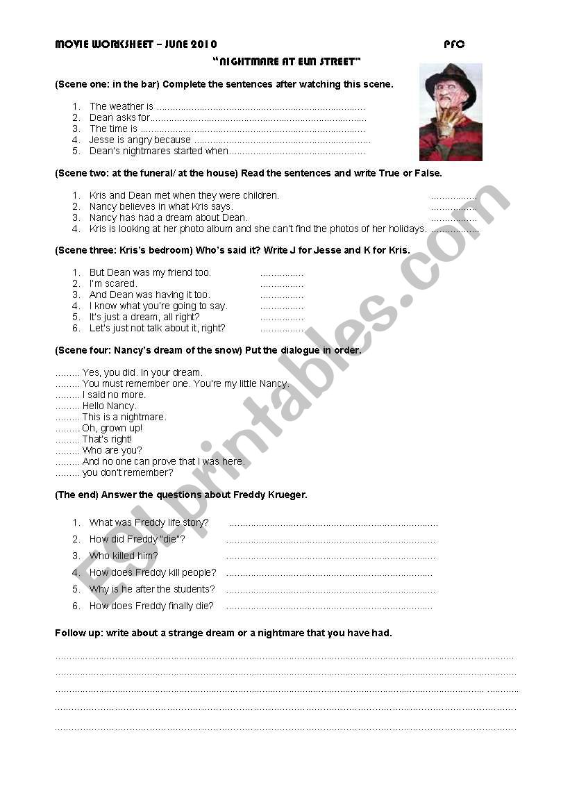 Nightmare in Elm street worksheet