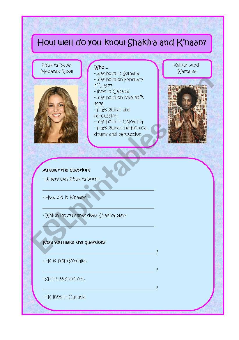 Shakira and Knaan worksheet