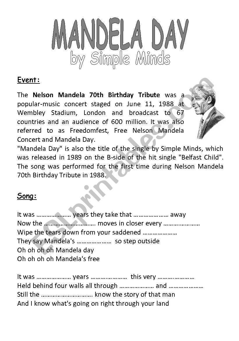 Mandela Day (Simple Minds) worksheet