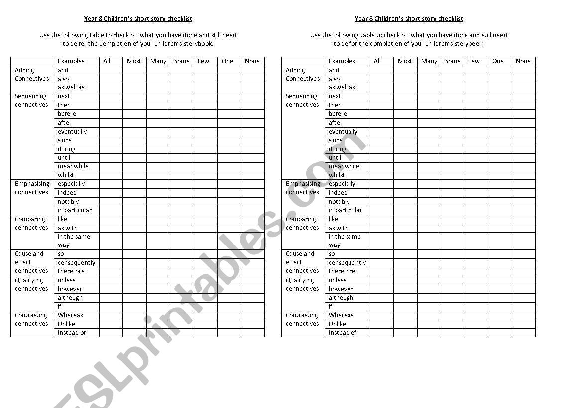 Connectives checklist worksheet