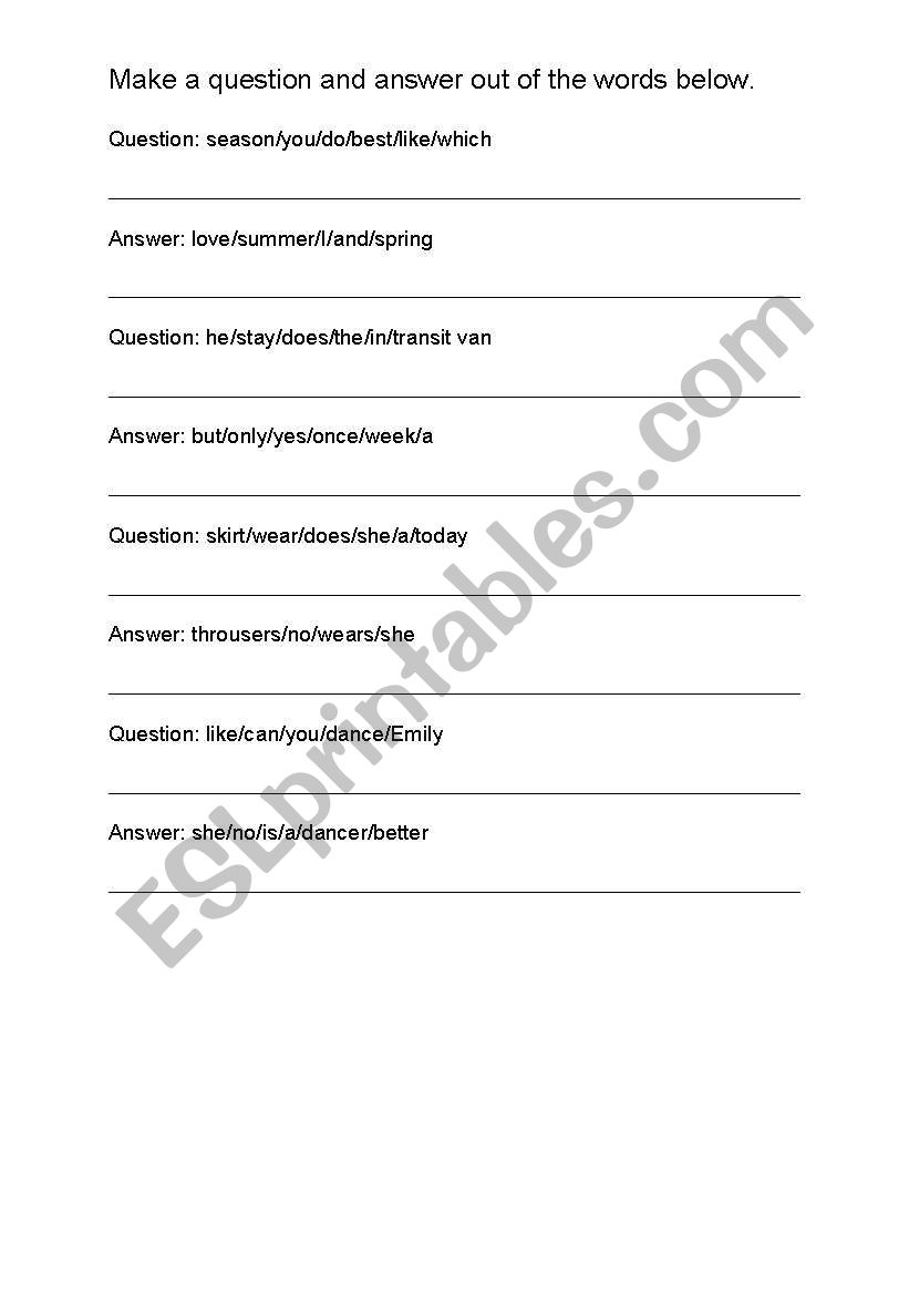 Questions and answers worksheet