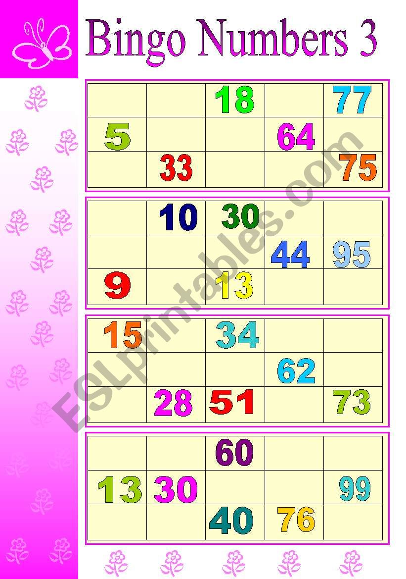 BINGO  NUMBERS (3/6) worksheet