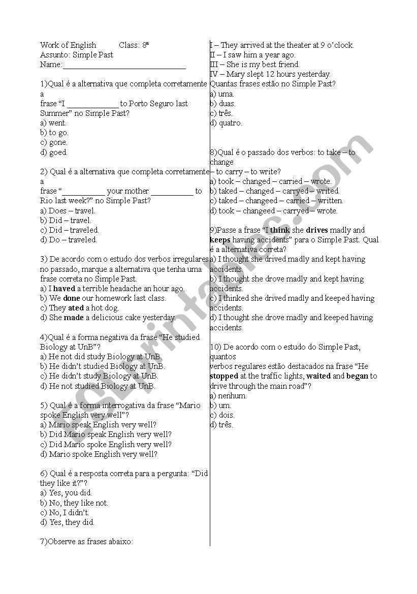 Simple Past ....Test worksheet