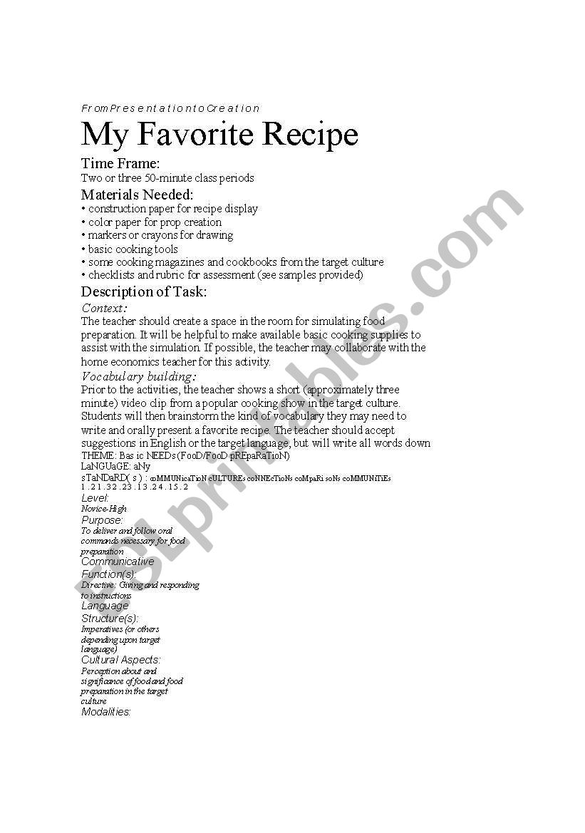 English worksheets: My Favorite Recipe