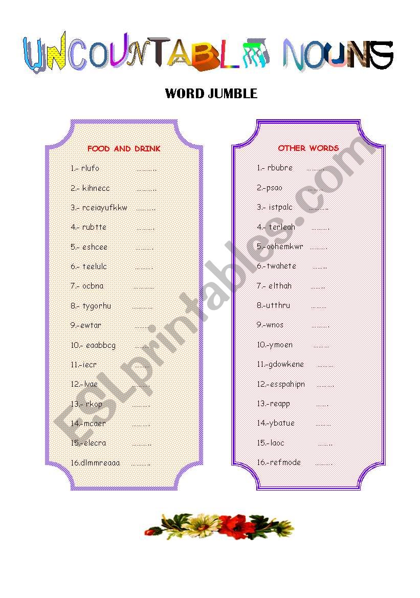 UNCOUNTABLE NOUNS worksheet