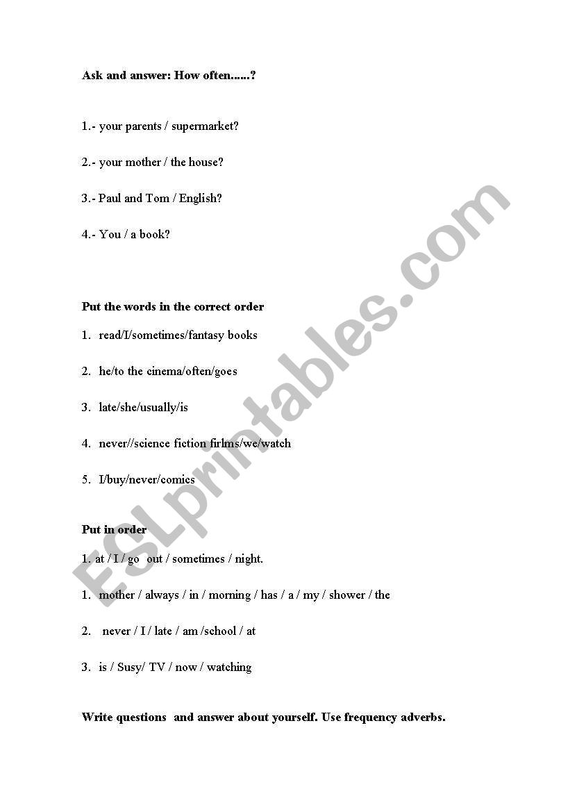 Frequency adverbs worksheet