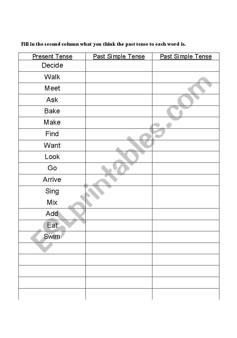 Past Simple Chart worksheet