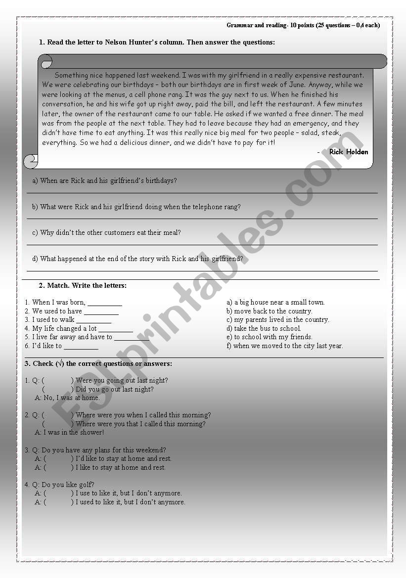 Elementary exam worksheet