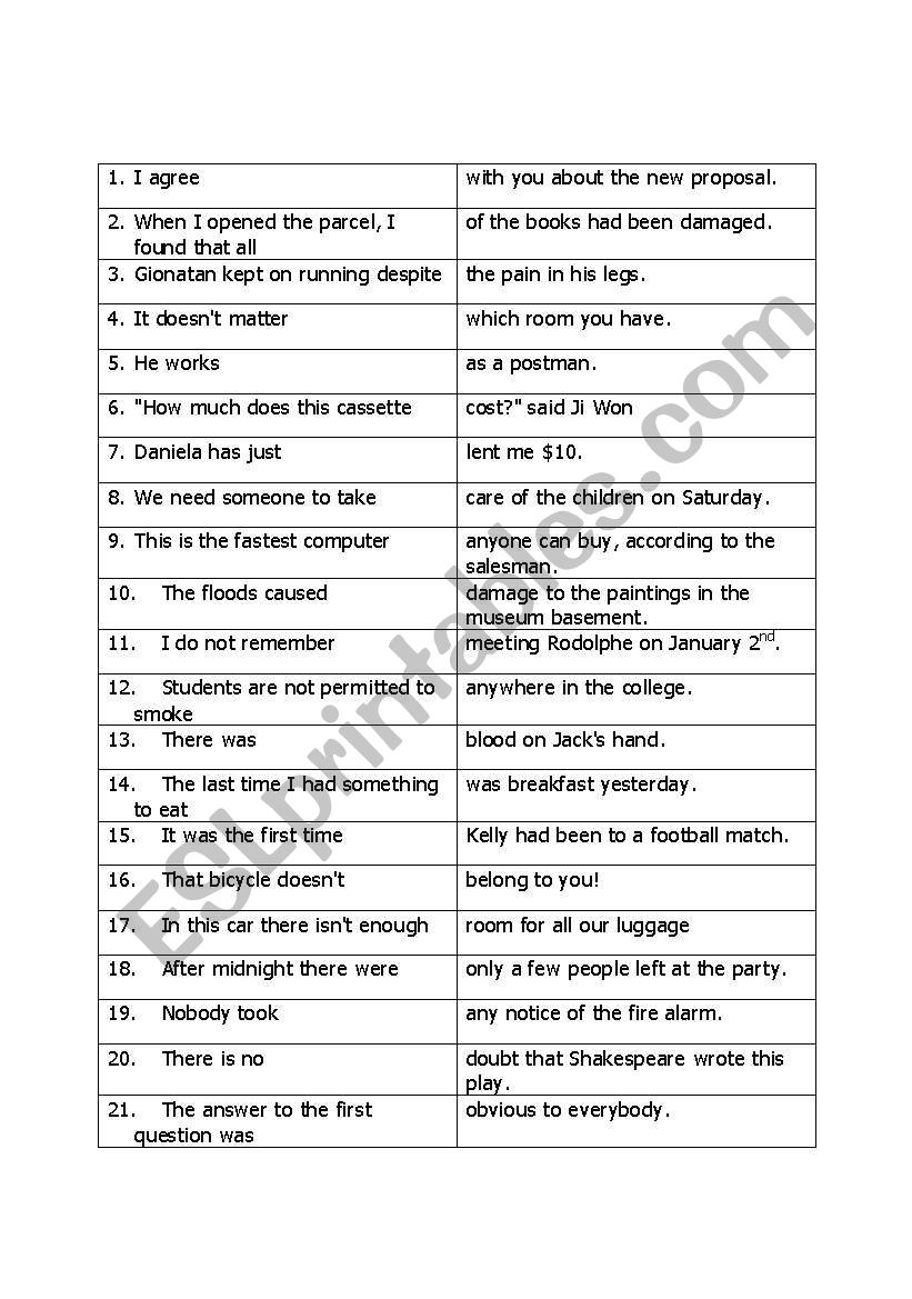 Sentence matching worksheet