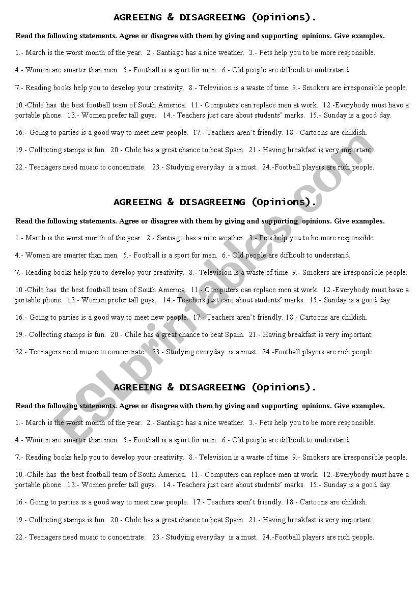 Agreeing or disagreeing  worksheet