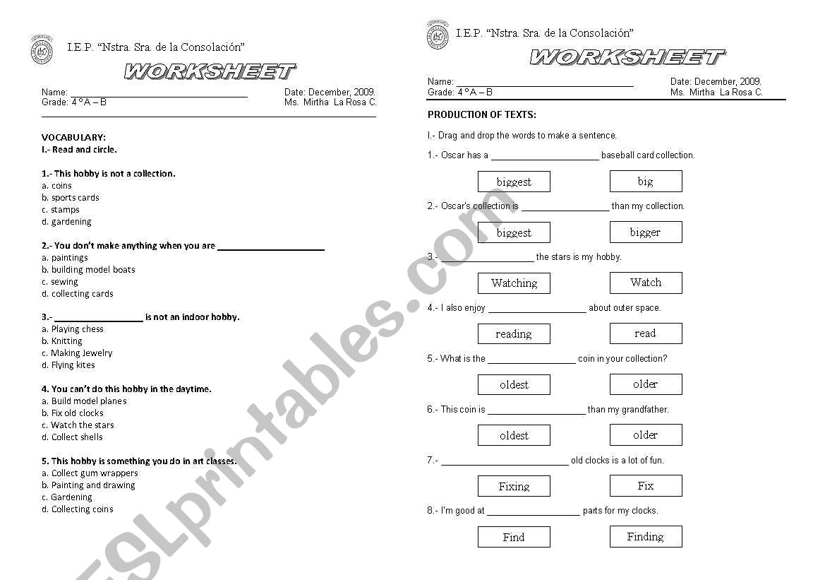 HOBBIES worksheet