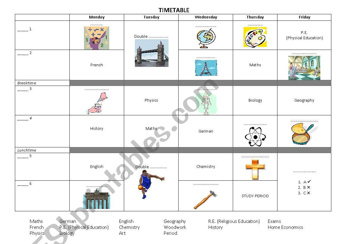 UK School Timetable worksheet