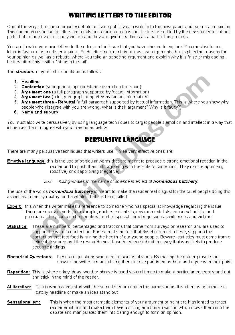 Writing Letters to the editor worksheet