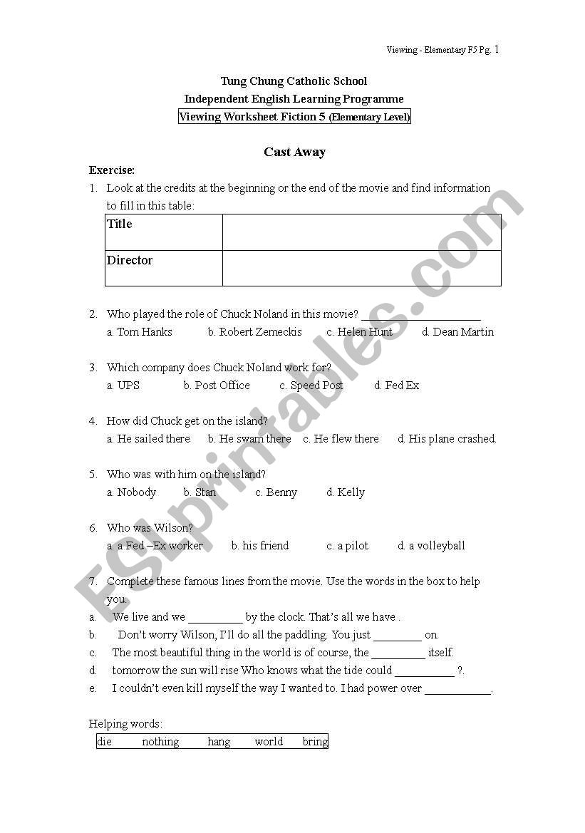 Cast away worksheet