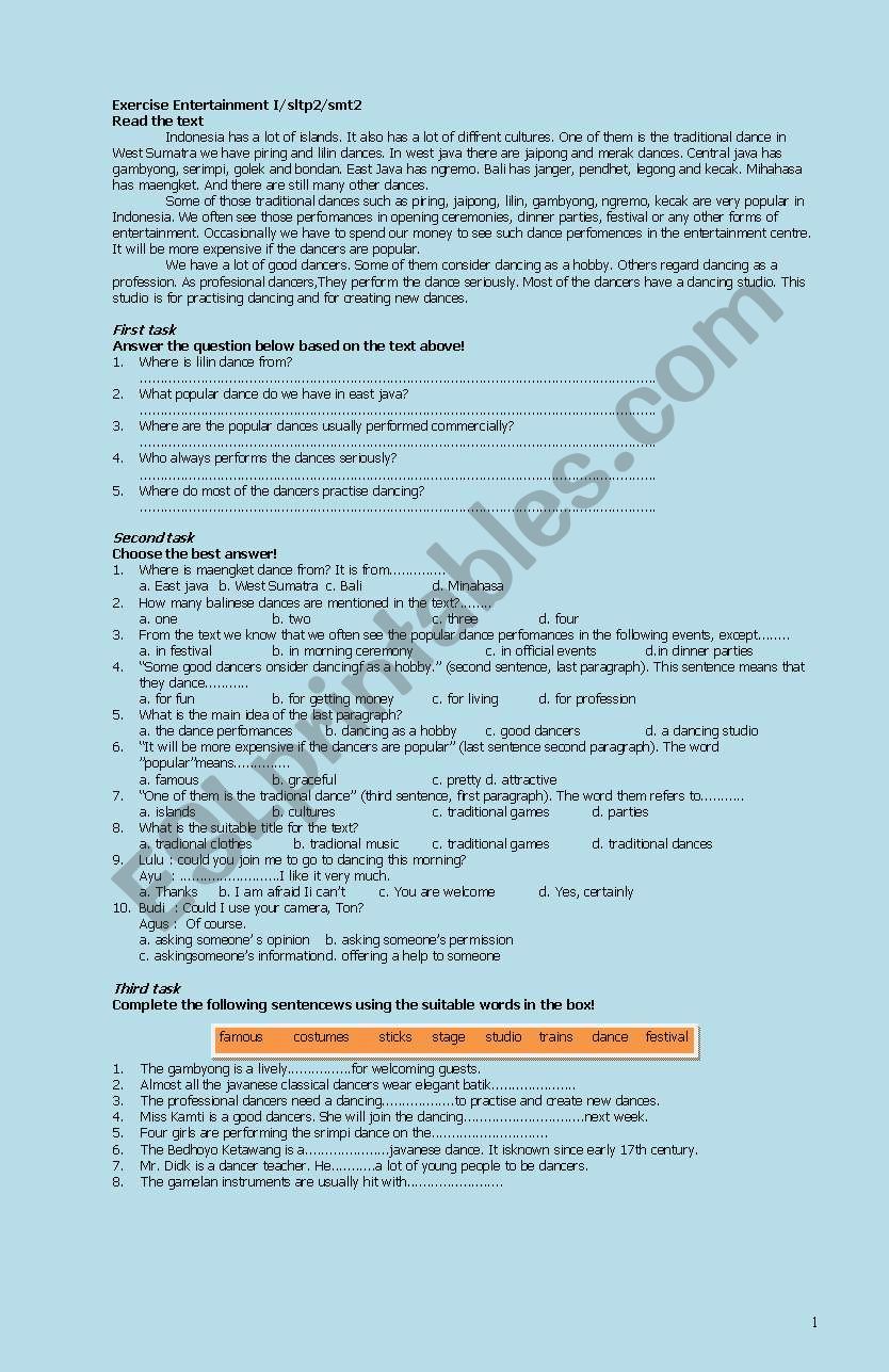 ENTERTAINMENT worksheet