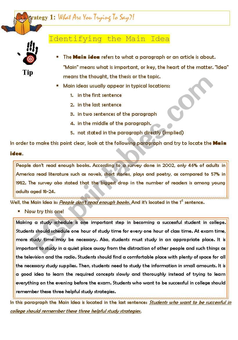 Identifying the Main Idea - ESL worksheet by kenzi Inside Main Idea Worksheet 5