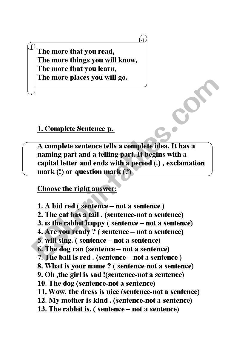 Complete Sentence worksheet