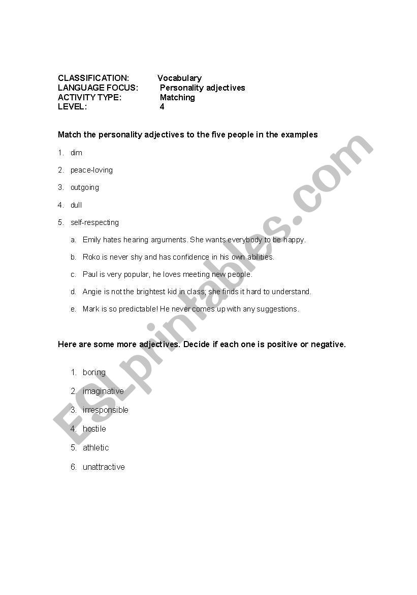 Personality Adjectives worksheet