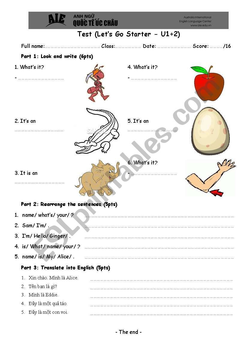 lets go starter-U1+2 worksheet