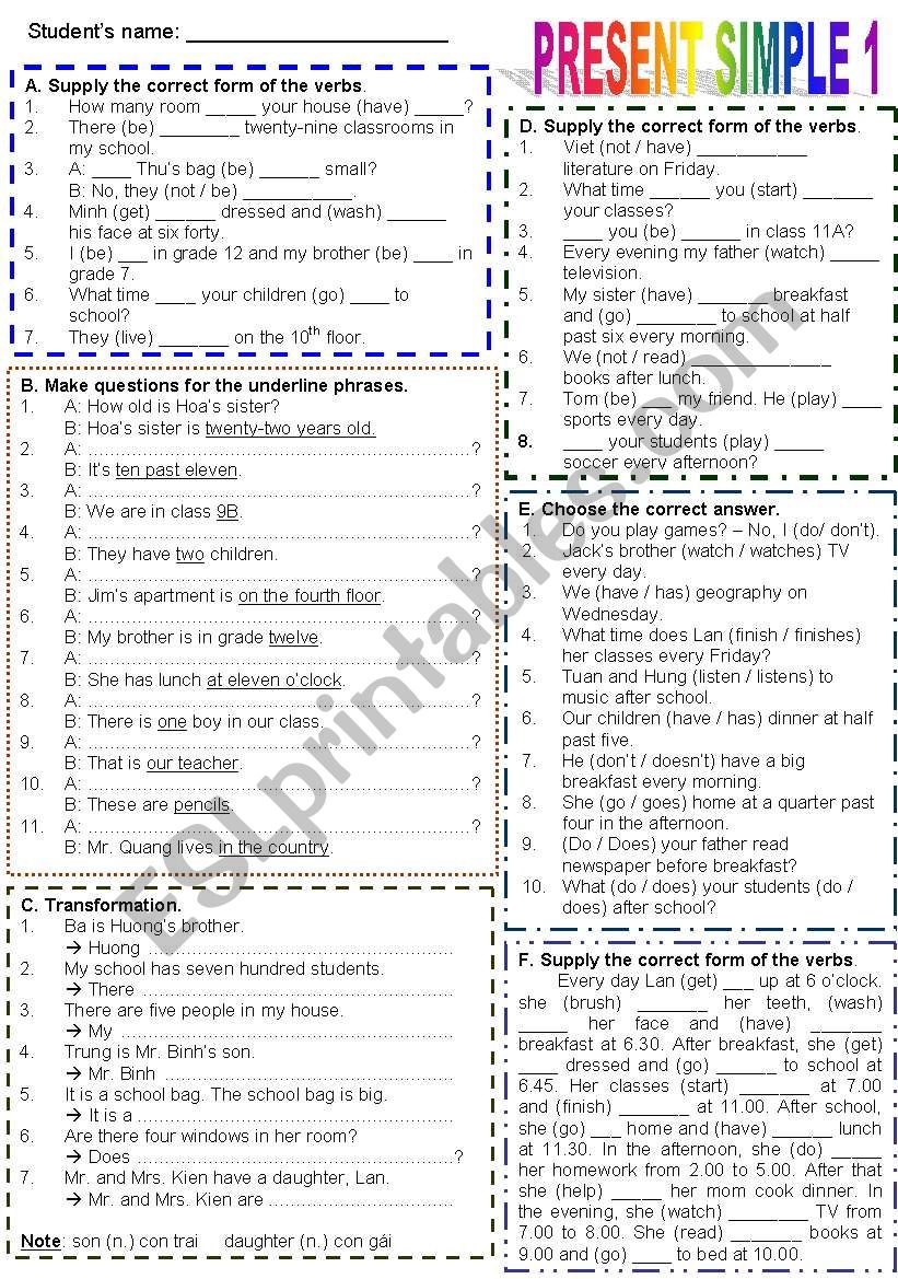 PRESENT SIMPLE - EXERCISES 1 worksheet