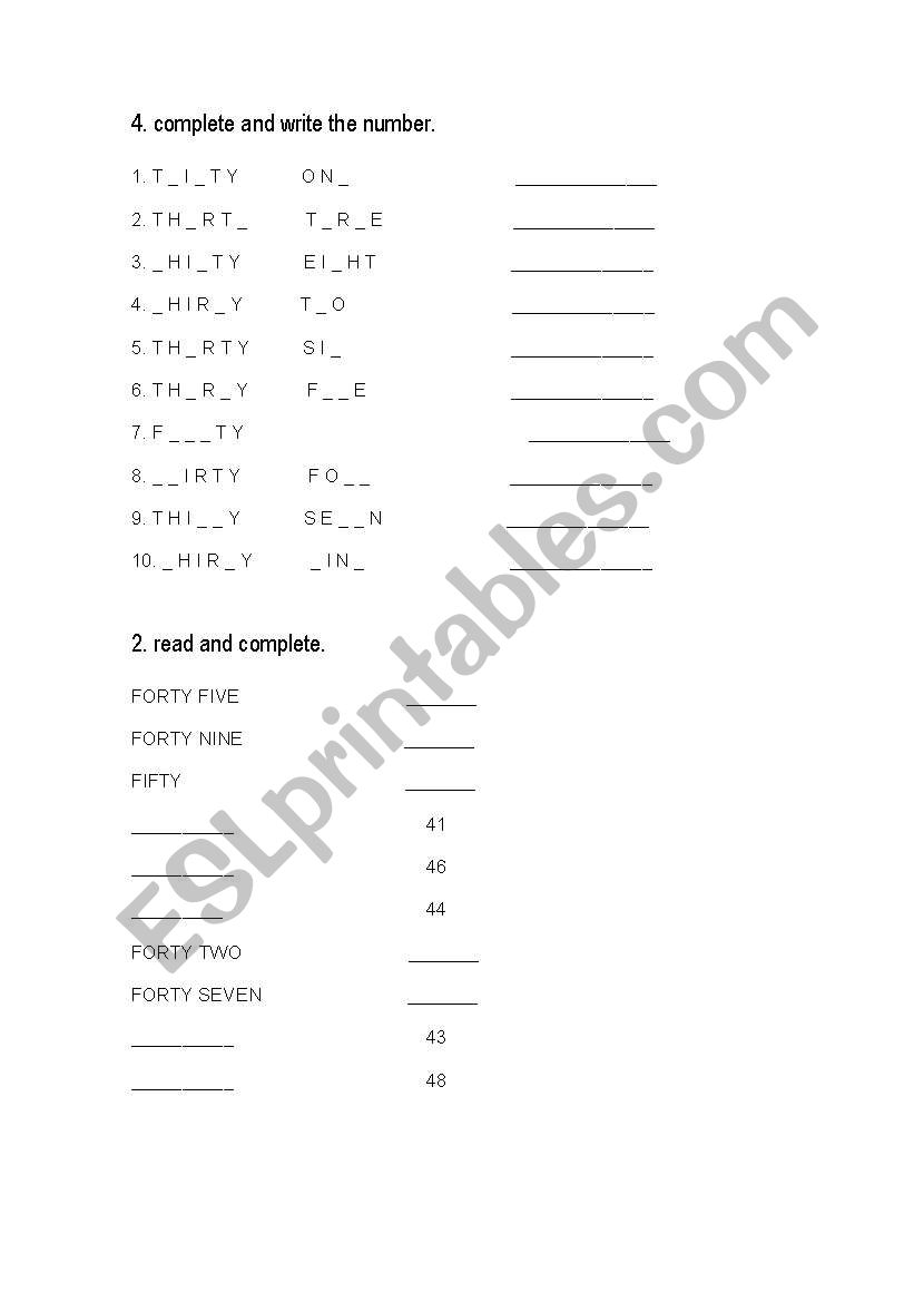 numbers worksheet