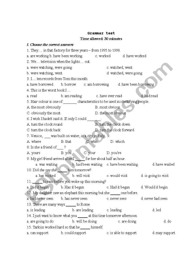 grammar test worksheet