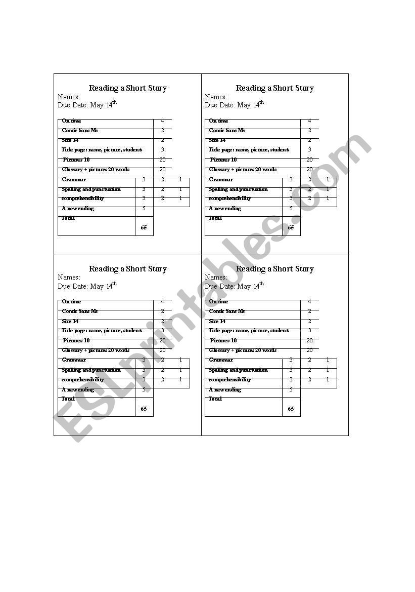 Reading a short story worksheet