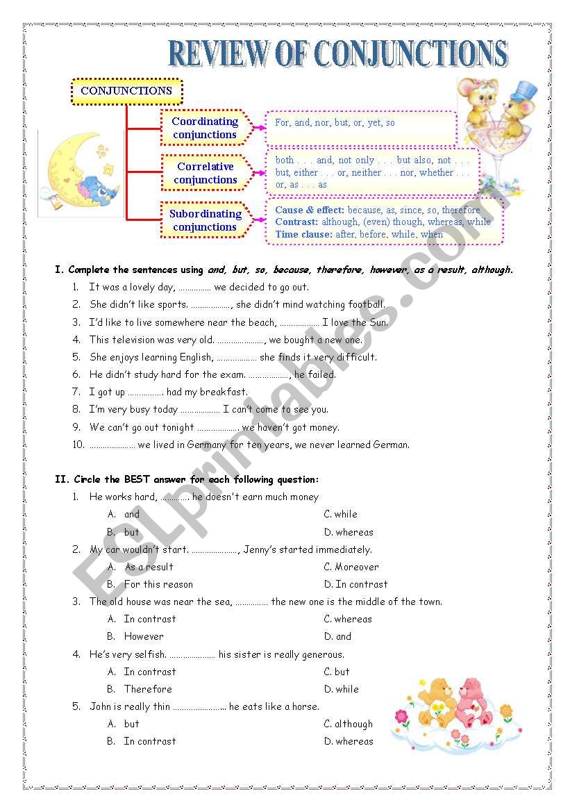 Review of conjunctions (multiple-choice, rewriting, gap-filling exercises)