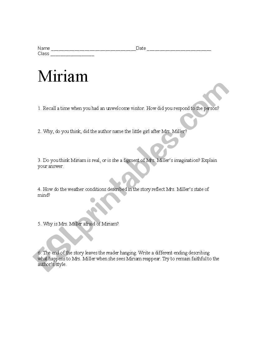 English worksheets Reading Comprehension Questions for Miriam (Short